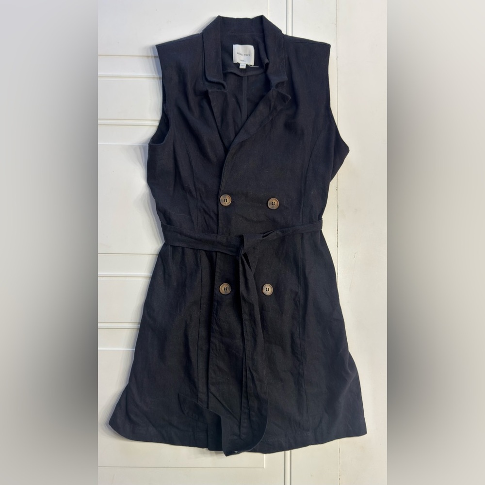 Love Tree Womens Sz S Black Linen Blend Belted Sleeveless Button Up Dress